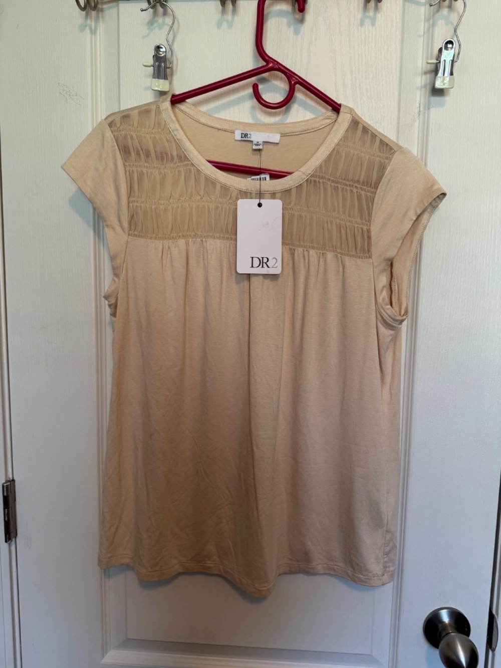 NWT DR2 Ruched Sheer Yoke Cap Sleeve Blouse Top Tan / Beige M